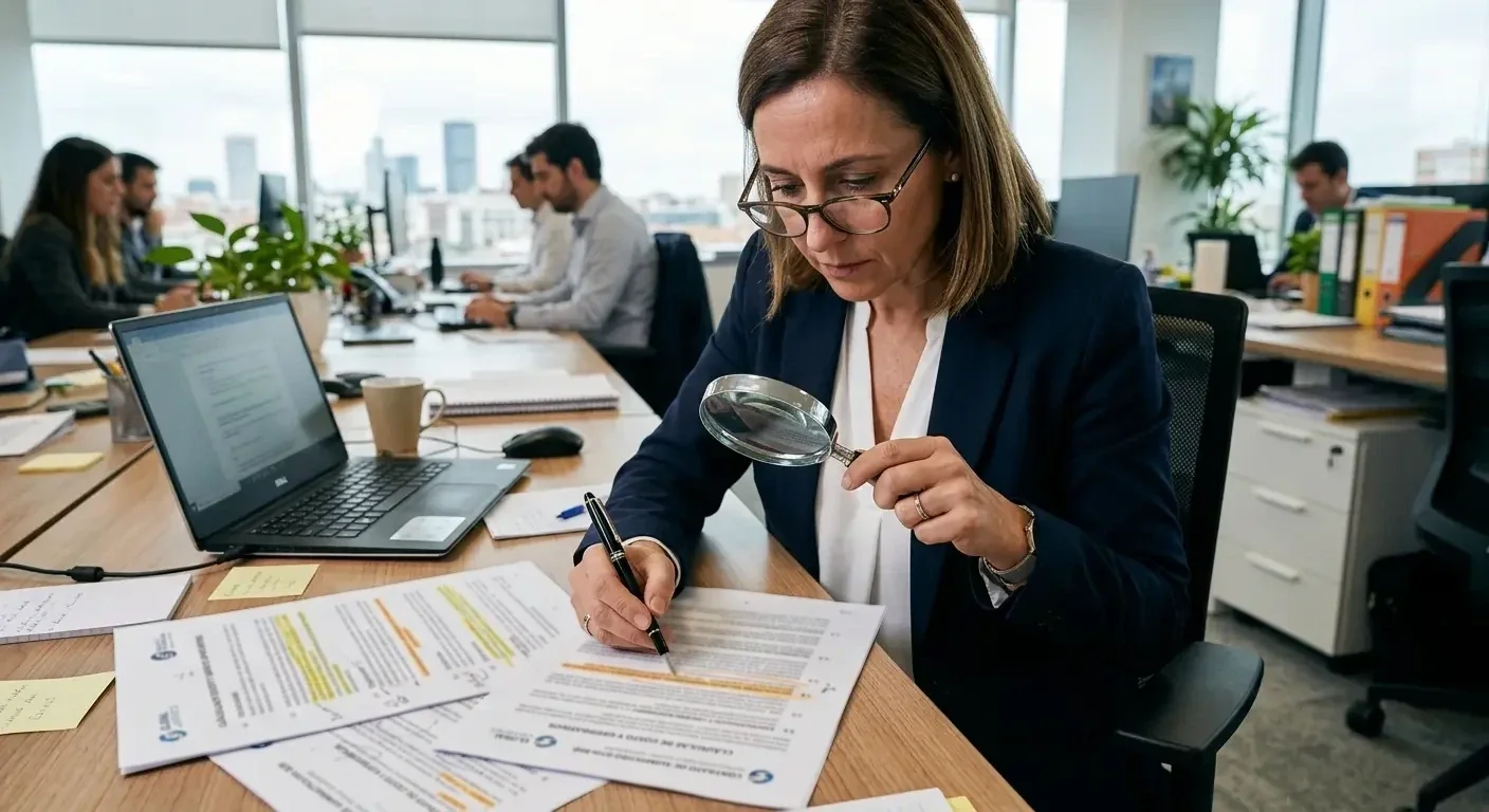 Persona revisando contrato de proveedor B2B con lupa sobre cláusulas de coste oculto