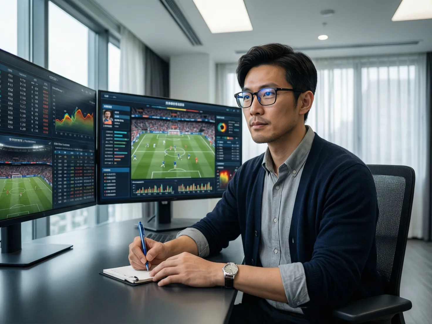 Persona analizando estadísticas y datos de equipos en múltiples pantallas