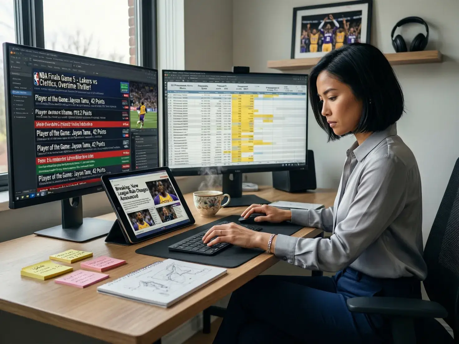 Analista revisando noticias deportivas y actualizando datos en pantalla