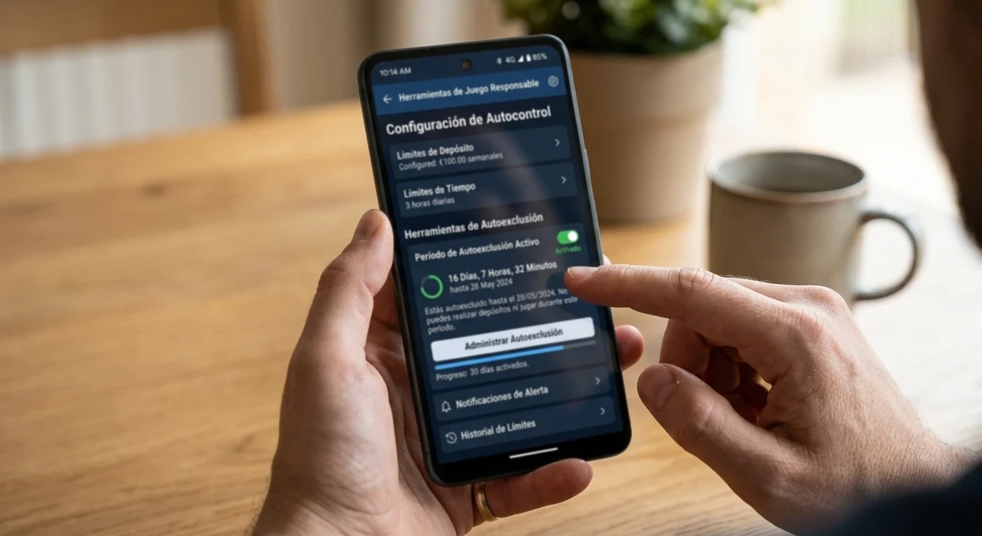 Interfaz móvil mostrando proceso de configuración de límites y herramientas de autoexclusión