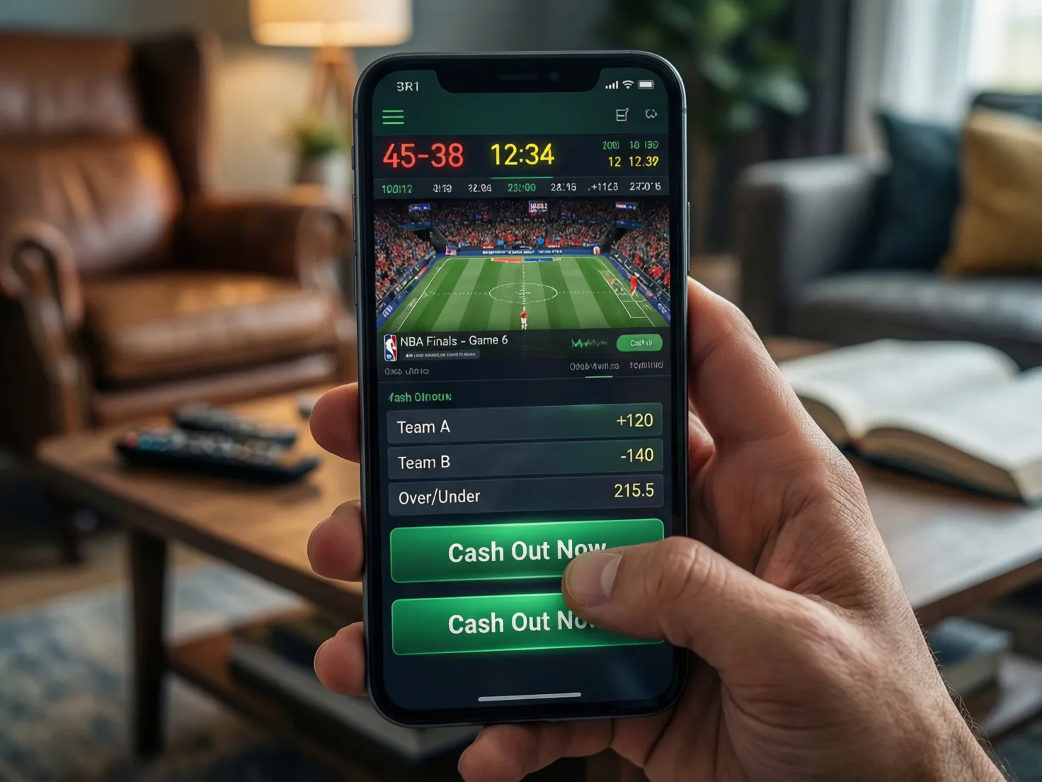Aplicación móvil de apuestas mostrando funciones de cashout y estadísticas