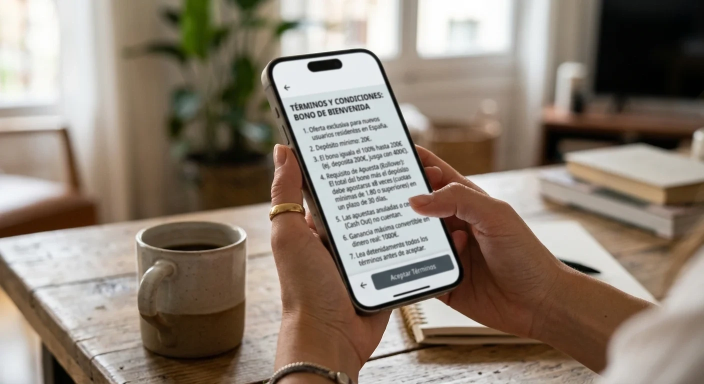 Lectura de condiciones de bonos de bienvenida en pantalla de móvil