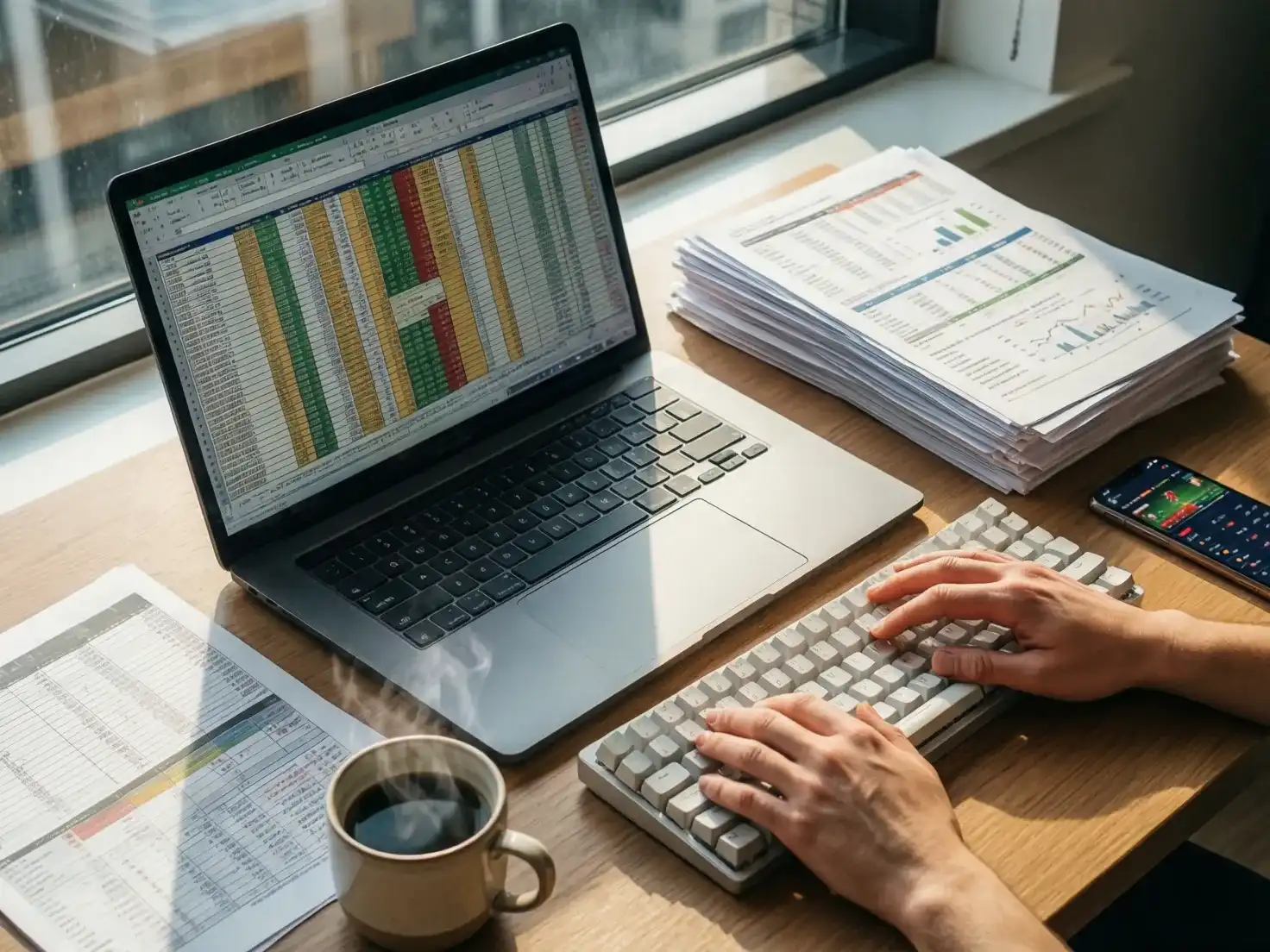 Escritorio con laptop y documentos mostrando cálculos de apuestas