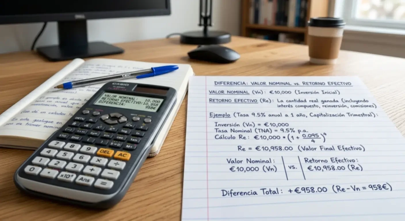 Calculadora y hoja con cifras abstractas ilustrando la diferencia entre valor nominal y retorno efectivo