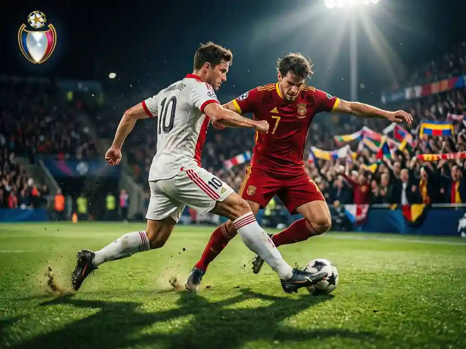 Jugadores de élite europea compitiendo en un partido nocturno de Champions