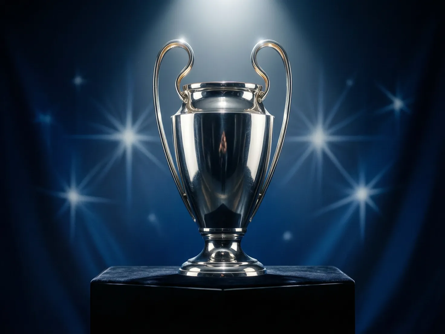Trofeo de la Champions League expuesto en un escenario con iluminación dramática