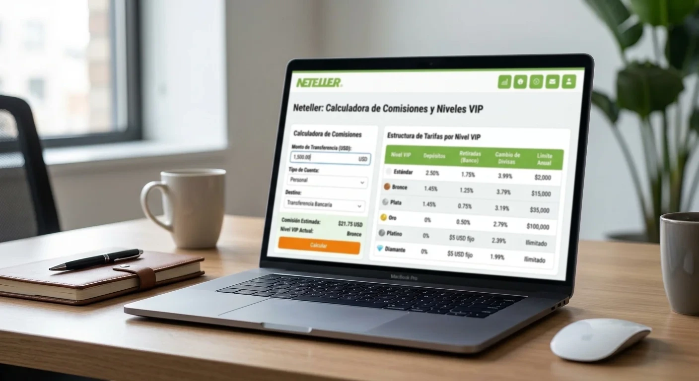 Calculadora y tabla de comisiones Neteller mostrando estructura de tarifas por nivel VIP