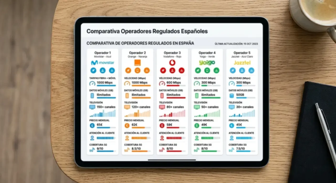 Vista superior de tablet mostrando comparativa abstracta entre diferentes operadores regulados españoles
