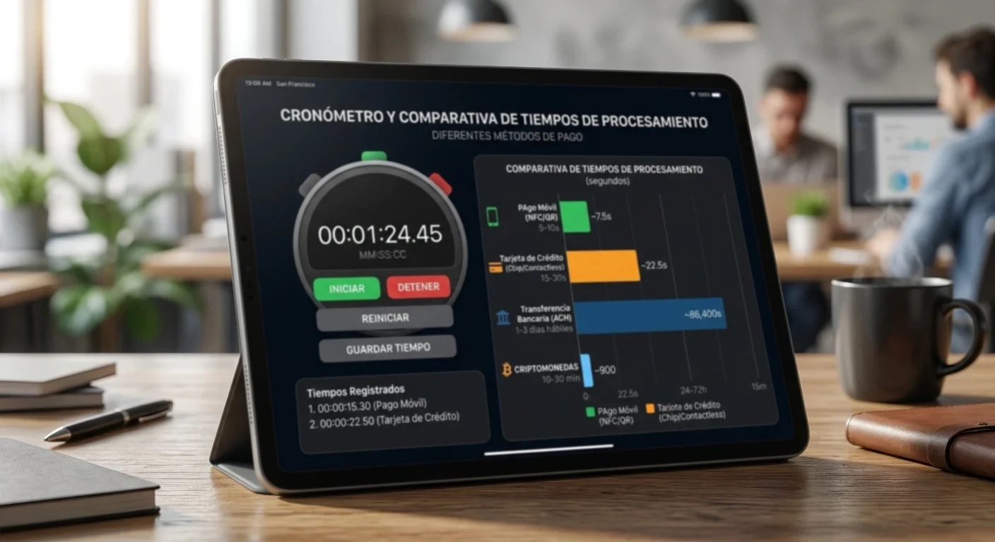 Cronómetro y diagrama comparativo de tiempos de procesamiento entre distintos métodos de pago