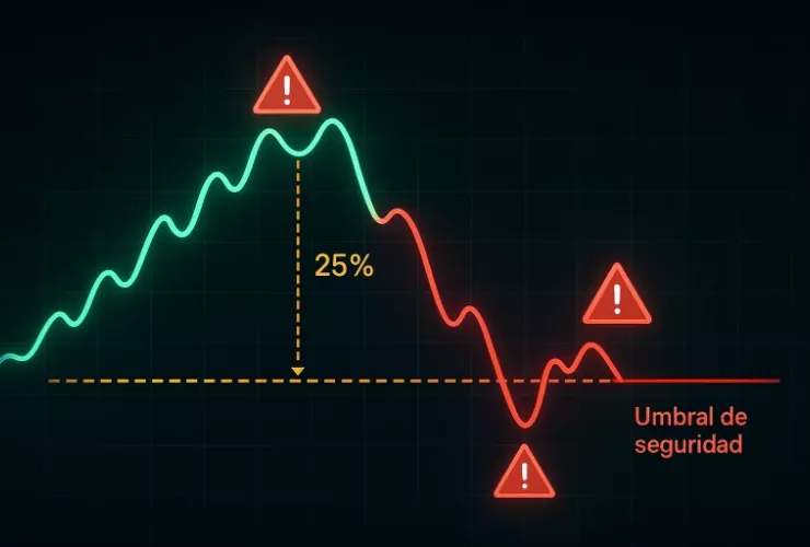 Gráfico de control de drawdown mostrando límite máximo del 25% y señales de alerta
