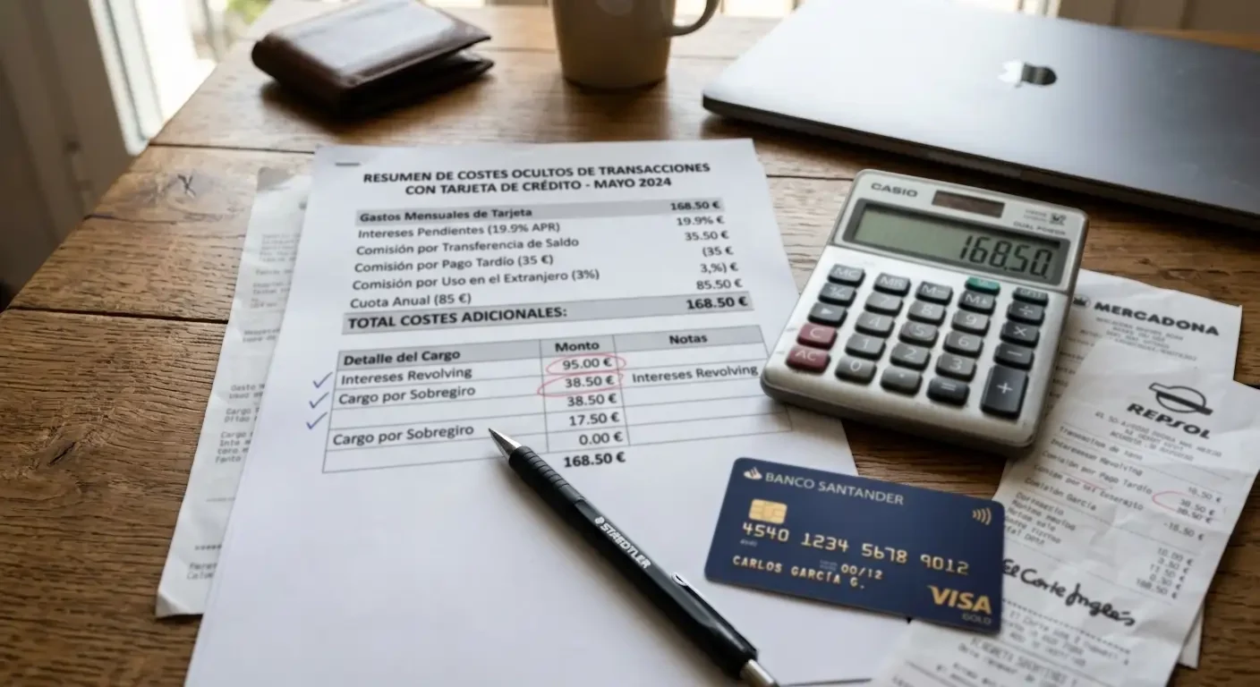 Calculadora y documentos financieros ilustrando costes ocultos de transacciones con tarjeta de crédito