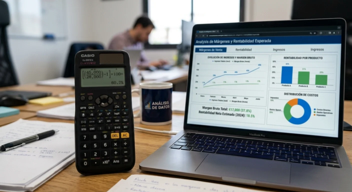 Calculadora y gráficos mostrando análisis de márgenes y rentabilidad esperada