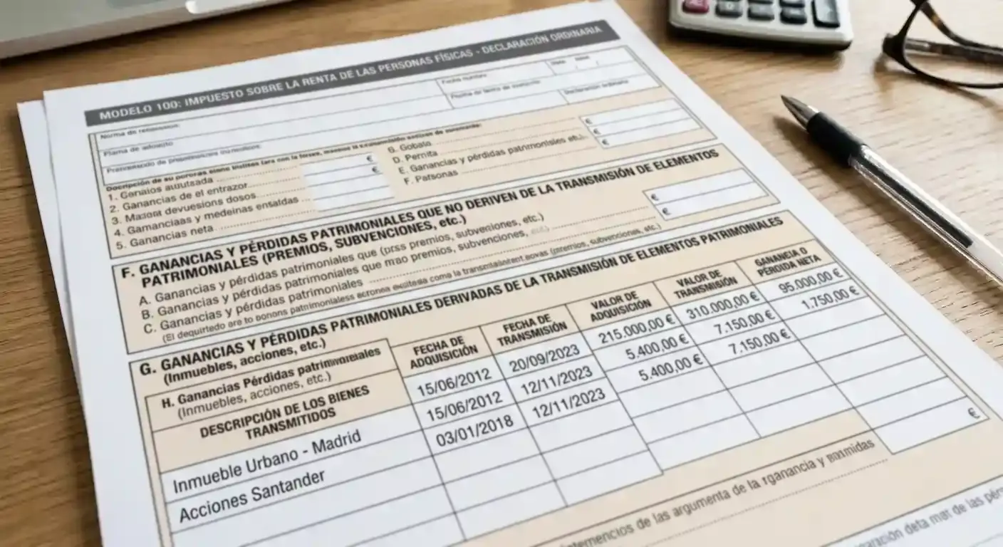Formulario de declaración de renta con sección de ganancias patrimoniales