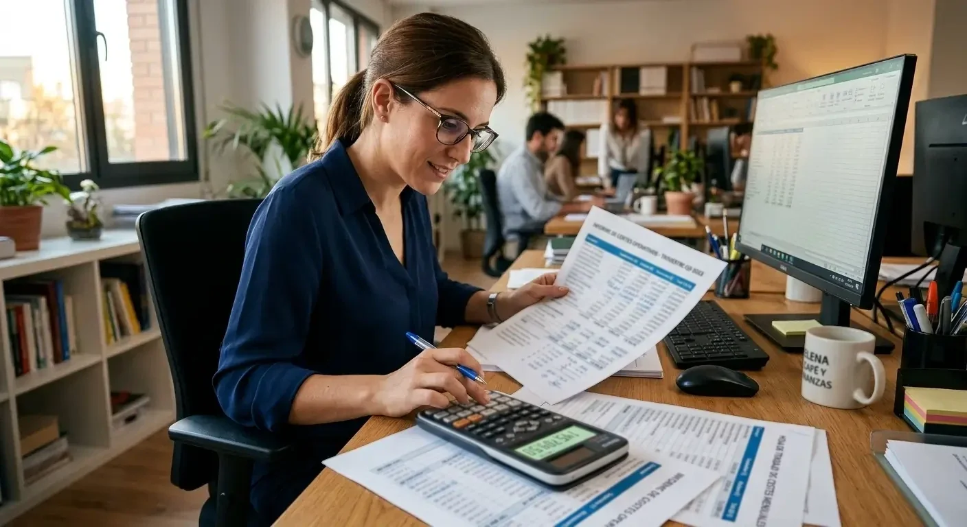 Persona trabajando con calculadora y hojas de costes operativos sobre mesa de oficina