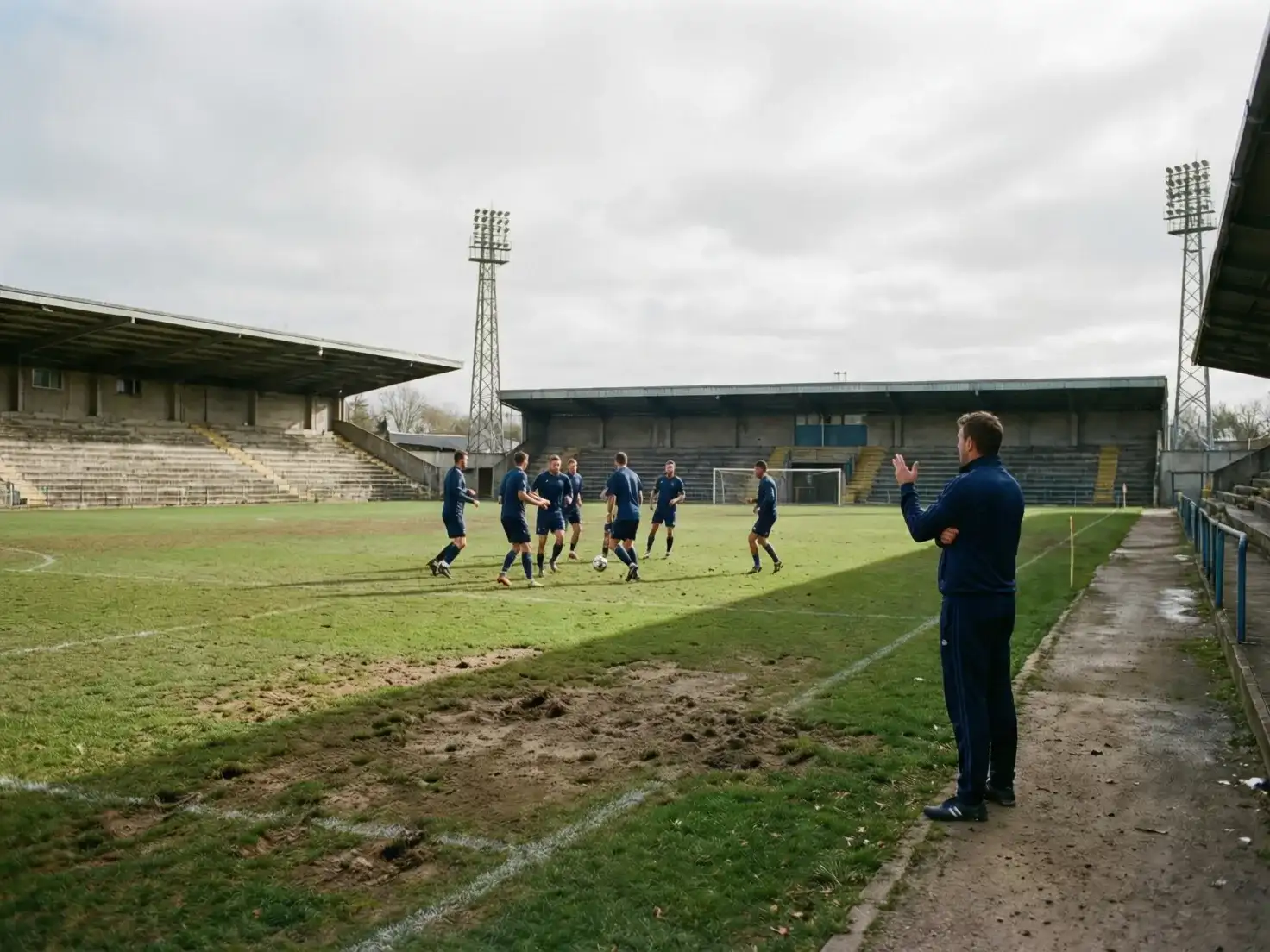 Estadio de fútbol vacío con un equipo entrenando en el campo