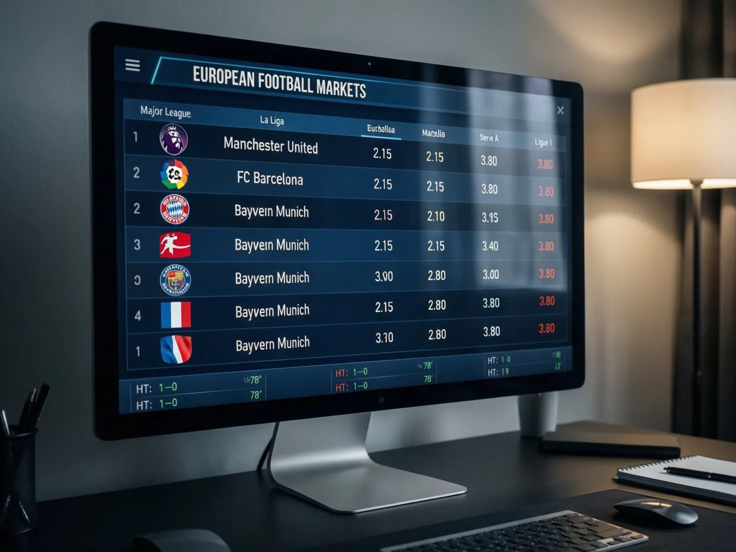Pantalla de ordenador mostrando mercados de apuestas de fútbol europeo