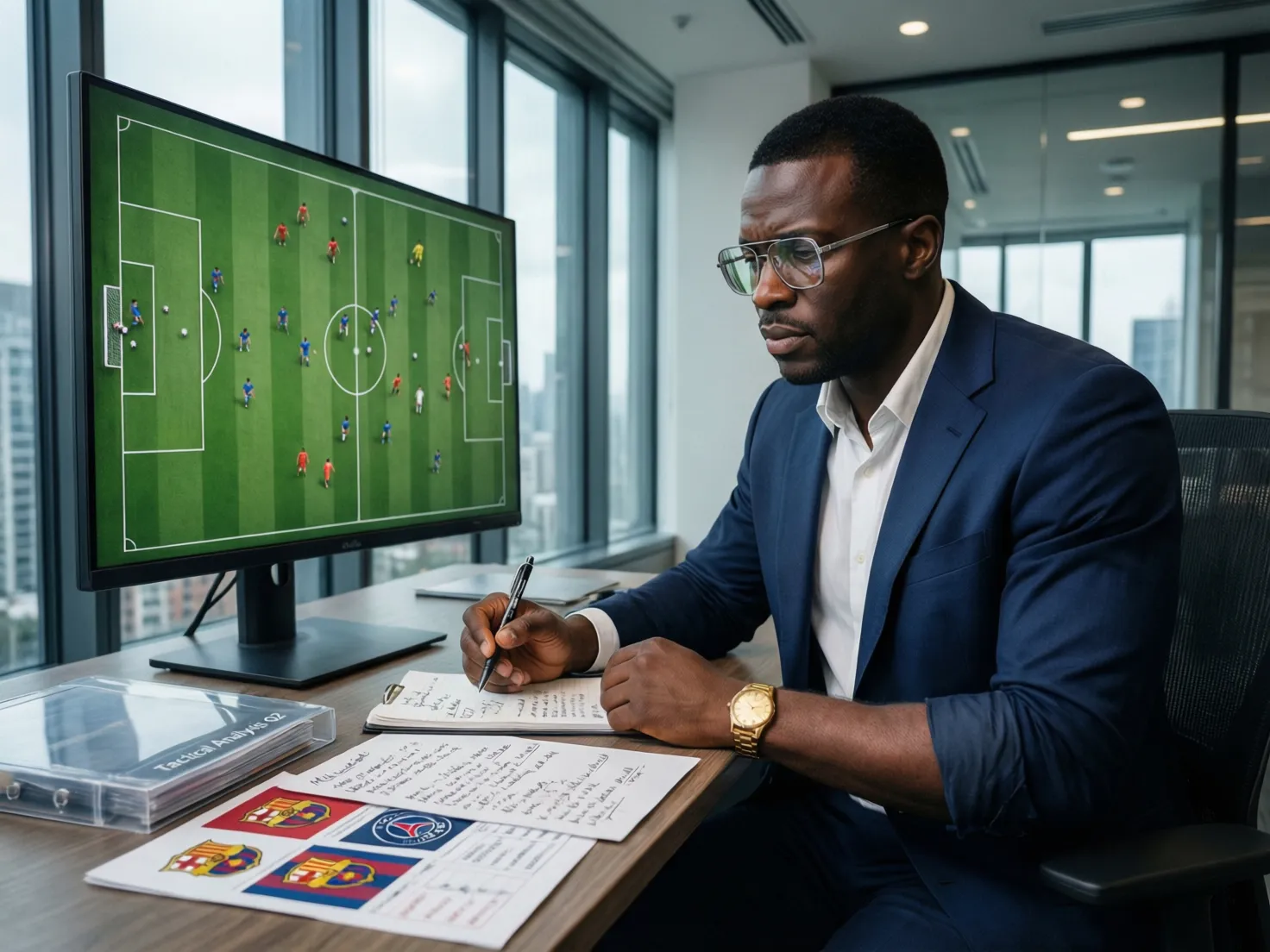 Analista de fútbol revisando estadísticas y tácticas en una pantalla