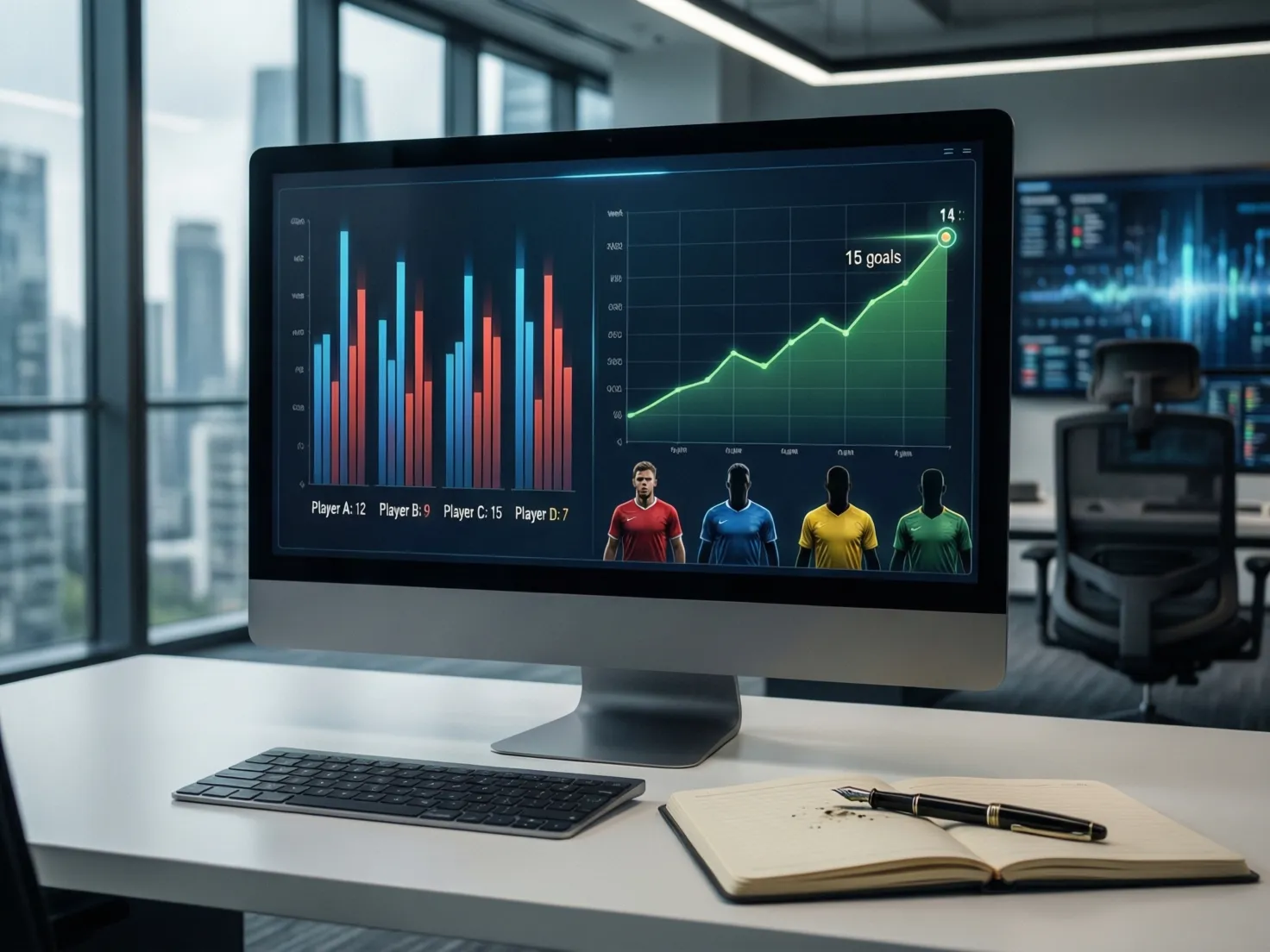 Pantalla mostrando estadísticas de goleadores con gráficos de rendimiento