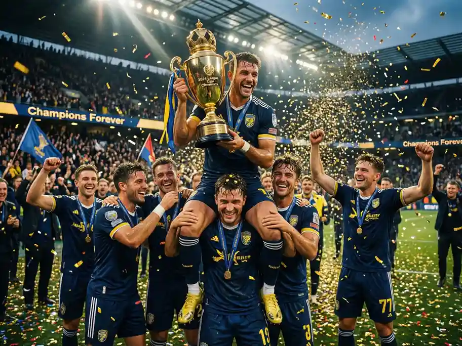 Equipo de fútbol celebrando con el trofeo de campeón de liga