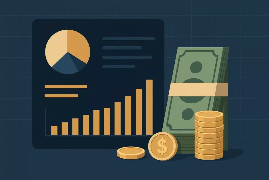 Ilustración profesional de gestión de bankroll para apuestas deportivas con gráficos y dashboard financiero