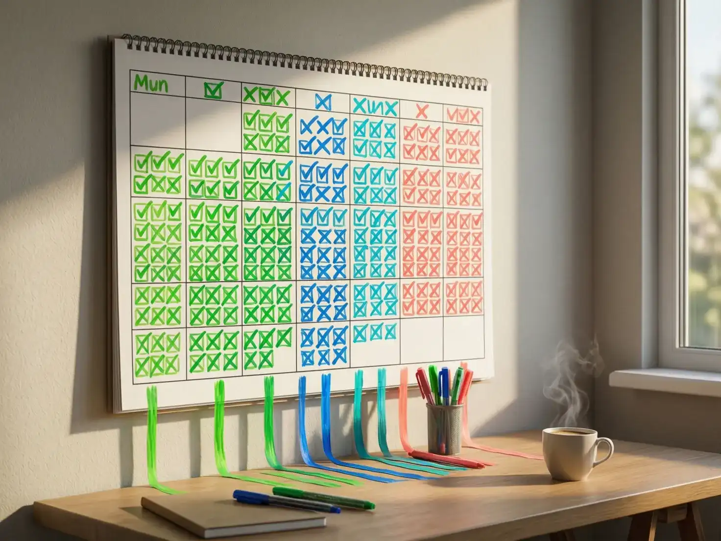 Calendario con marcas de seguimiento diario mostrando consistencia