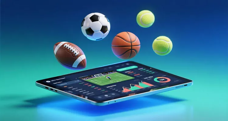 Concepto profesional de apuestas deportivas con múltiples pelotas flotando sobre estadísticas digitales