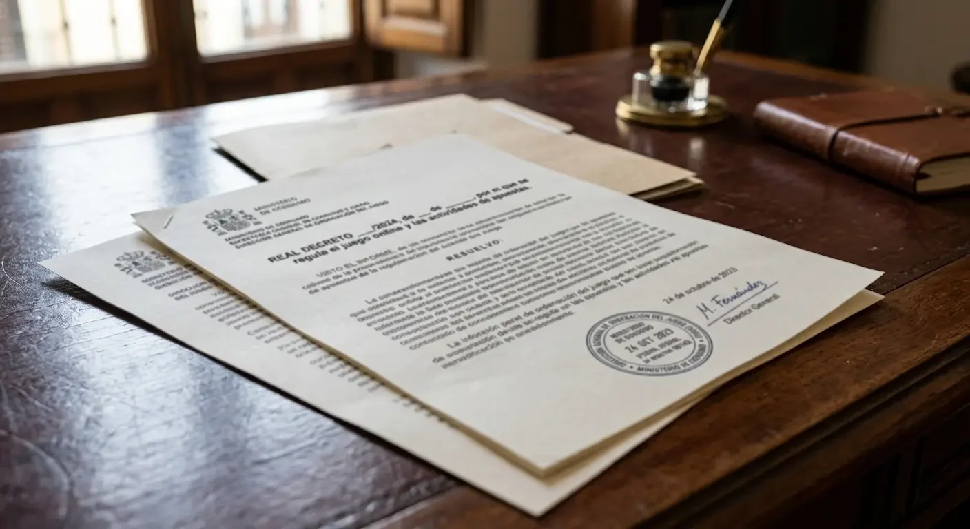 Documentos oficiales del Real Decreto con sello de la DGOJ sobre escritorio institucional