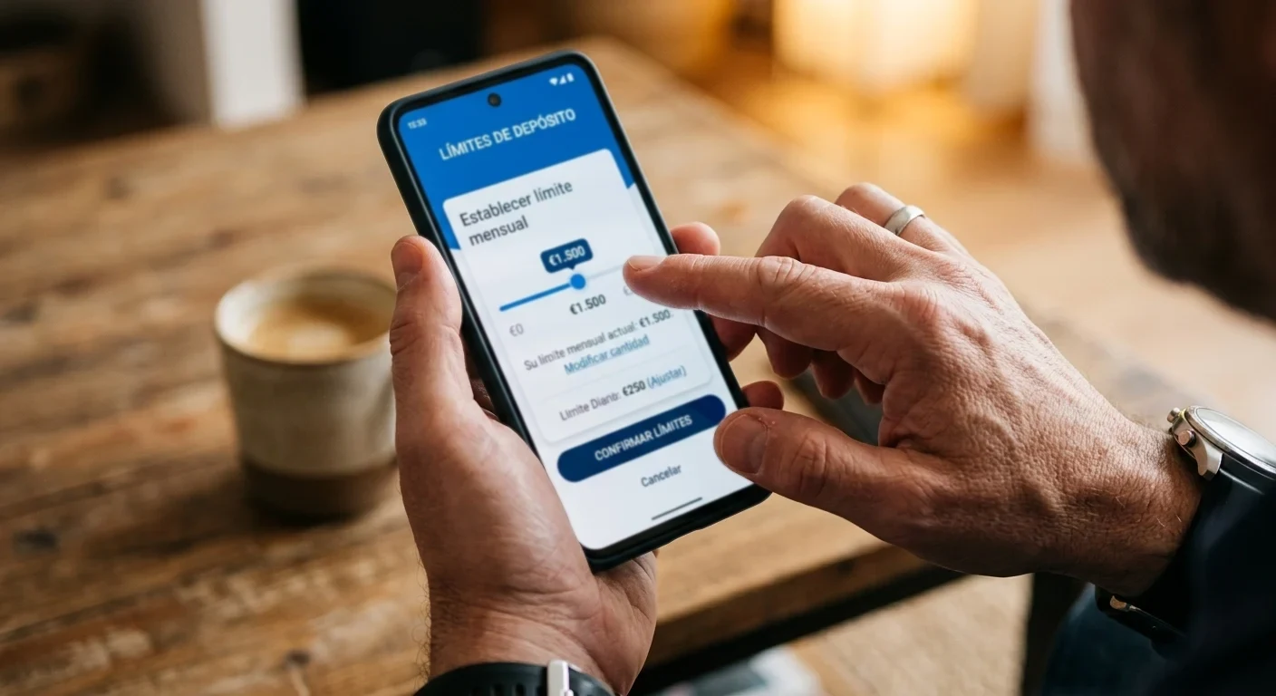 Manos de persona adulta configurando límites de depósito en interfaz móvil abstracta
