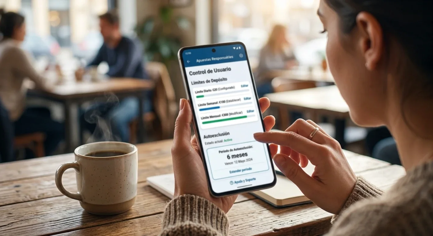 Interfaz móvil con herramientas de autoexclusión y límites de depósito en plataforma de apuestas