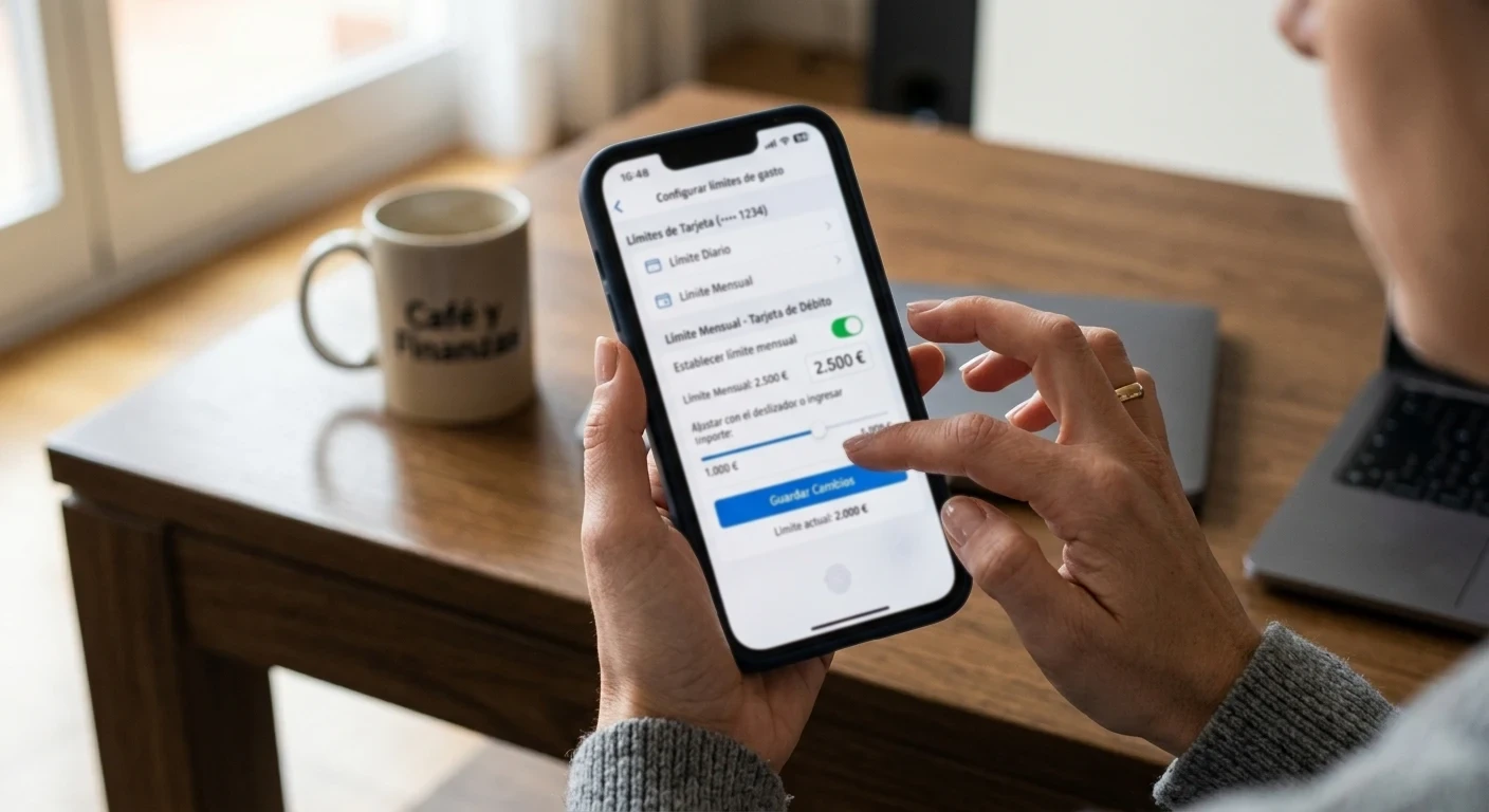 Persona configurando límites de gasto en aplicación bancaria desde iPhone