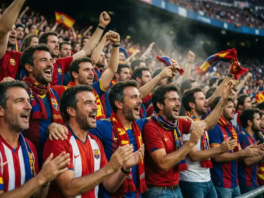 Aficionados españoles animando en las gradas de un estadio