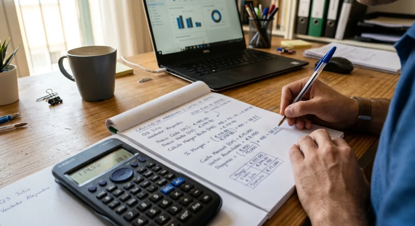 Cálculo de márgenes y cuotas en papel con calculadora