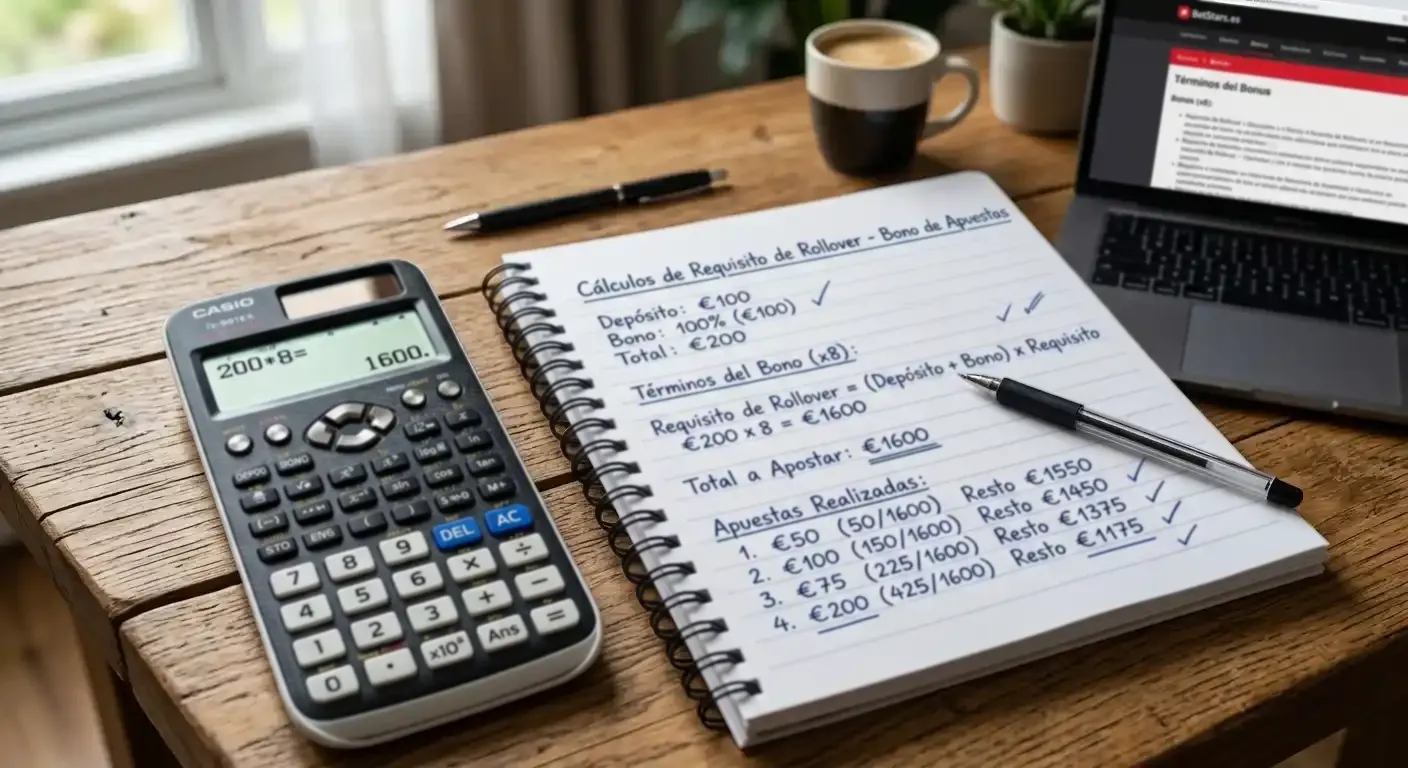 Calculadora y cuaderno con cálculos de requisitos de rollover en bonos de apuestas