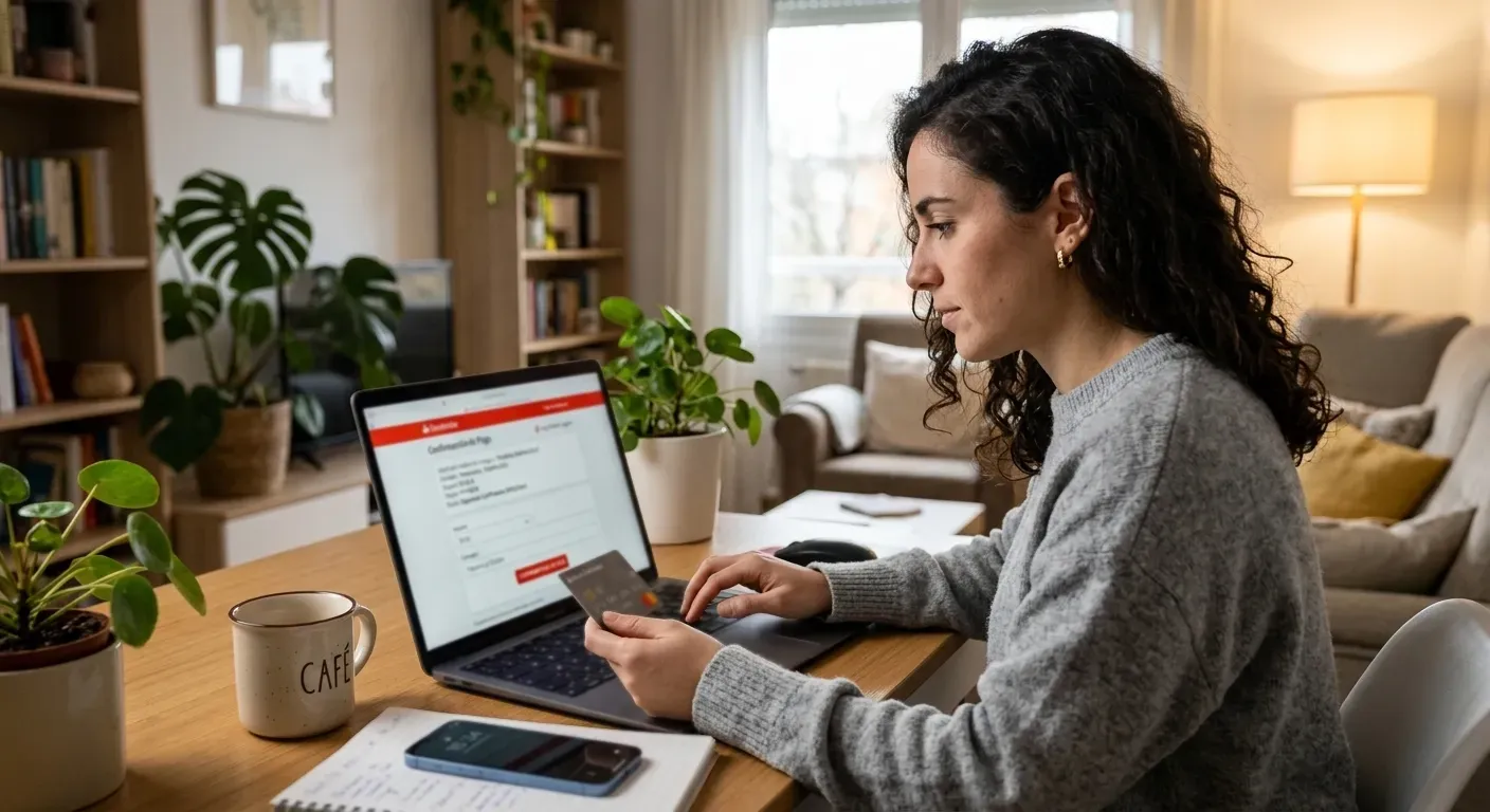 Persona gestionando un pago online en portátil con interfaz de banco