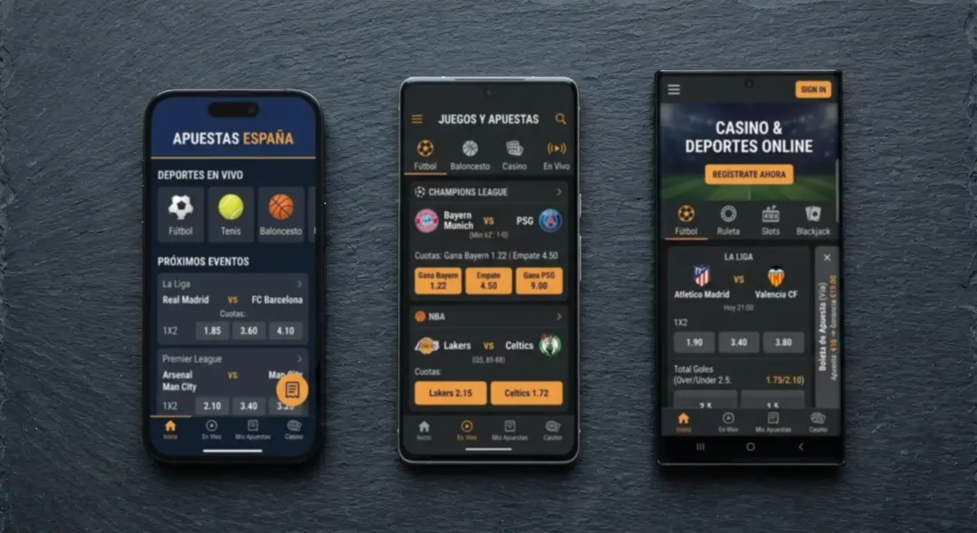 Vista cenital de dispositivos móviles mostrando interfaces genéricas de operadores de apuestas