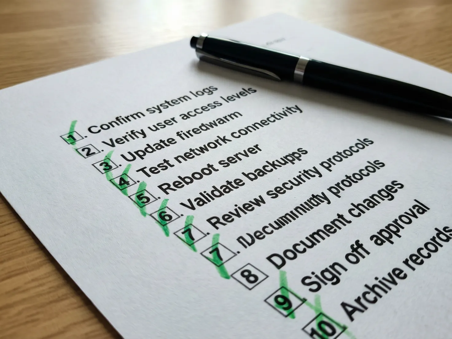Lista de verificación con marcas de aprobación en papel