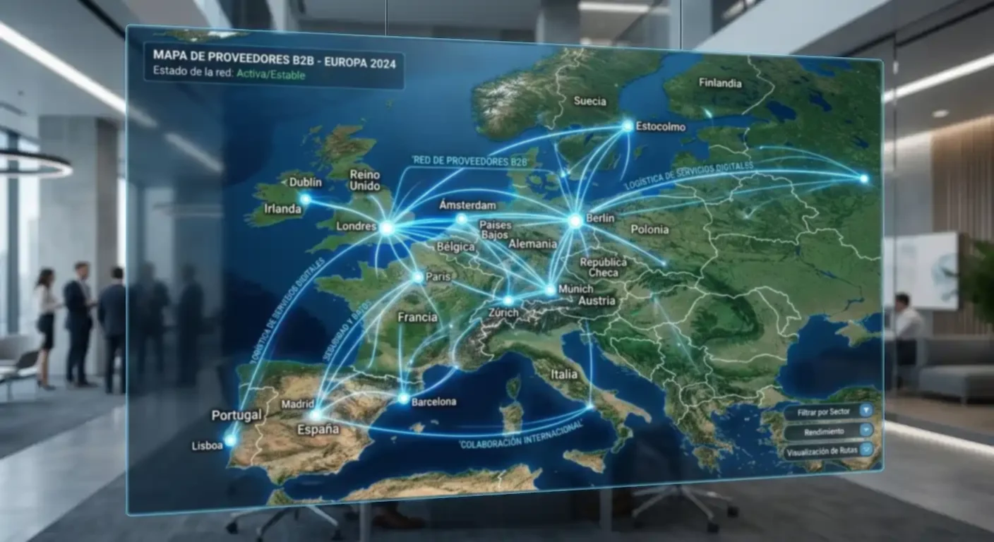 Mapa conceptual de Europa con líneas conectando centros tecnológicos, simbolizando red de proveedores B2B