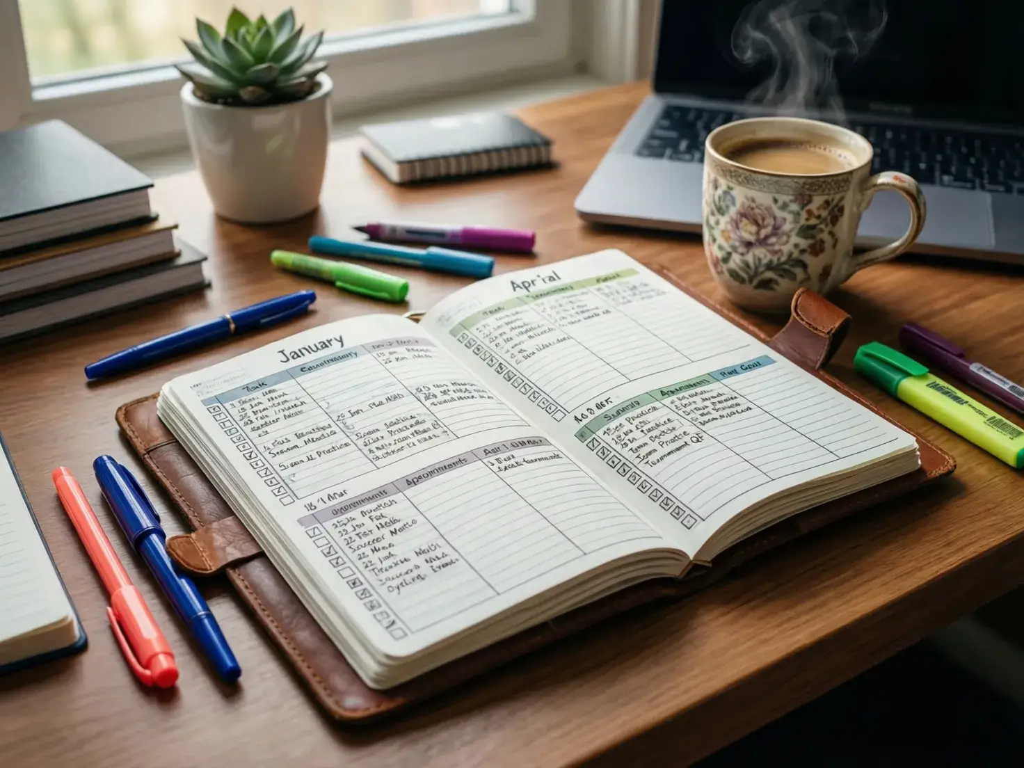 Agenda abierta mostrando planificación trimestral con notas deportivas