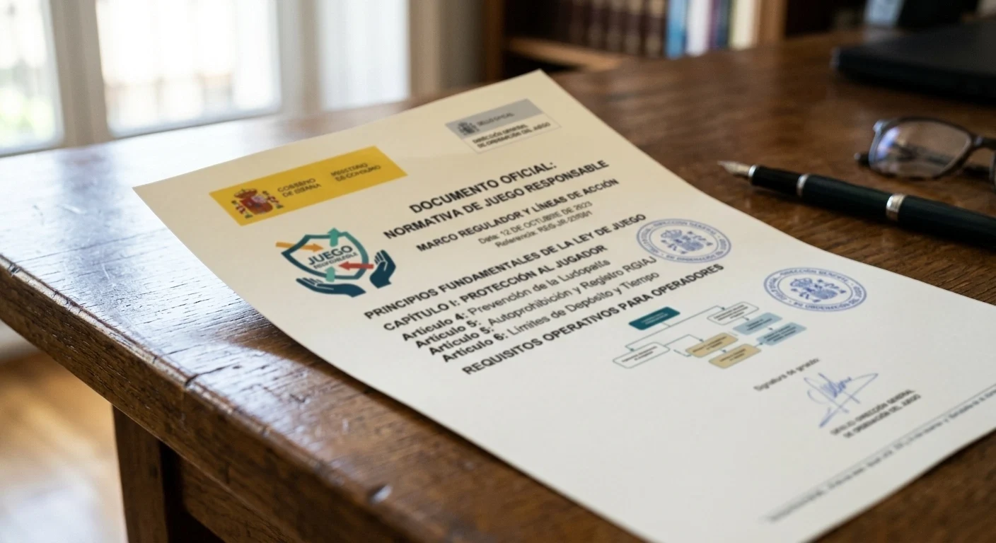 Documento oficial abstracto sobre mesa representando normativa de juego responsable