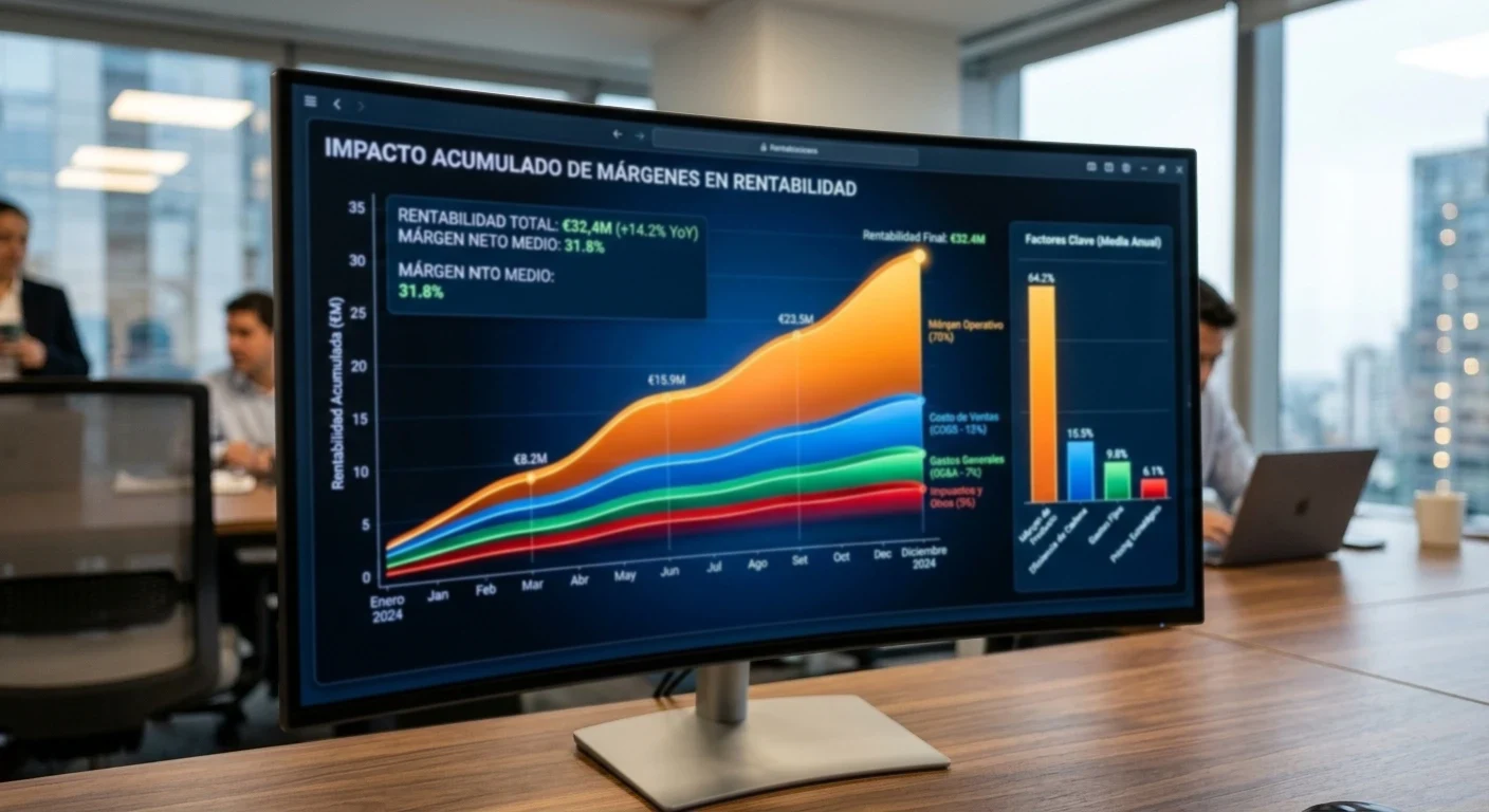 Visualización abstracta de datos comparativos mostrando impacto acumulado de márgenes en rentabilidad
