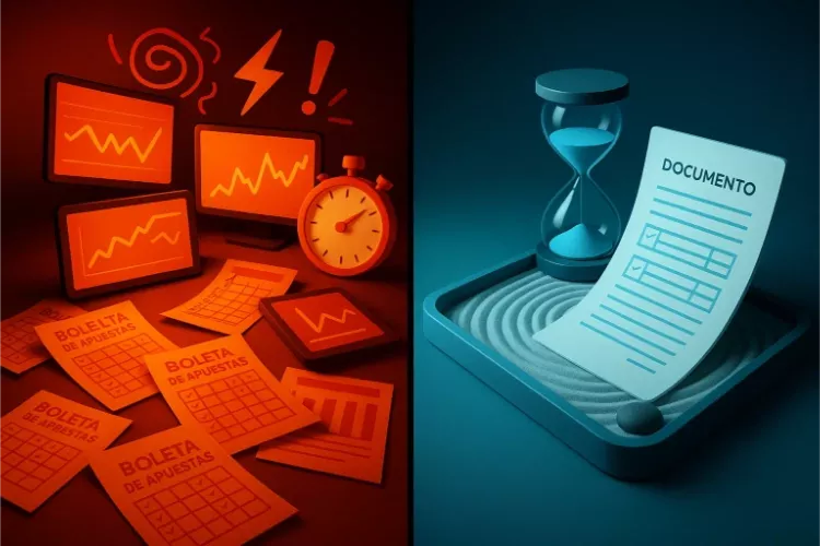 Contraste visual entre la impaciencia caótica y la paciencia disciplinada en apuestas