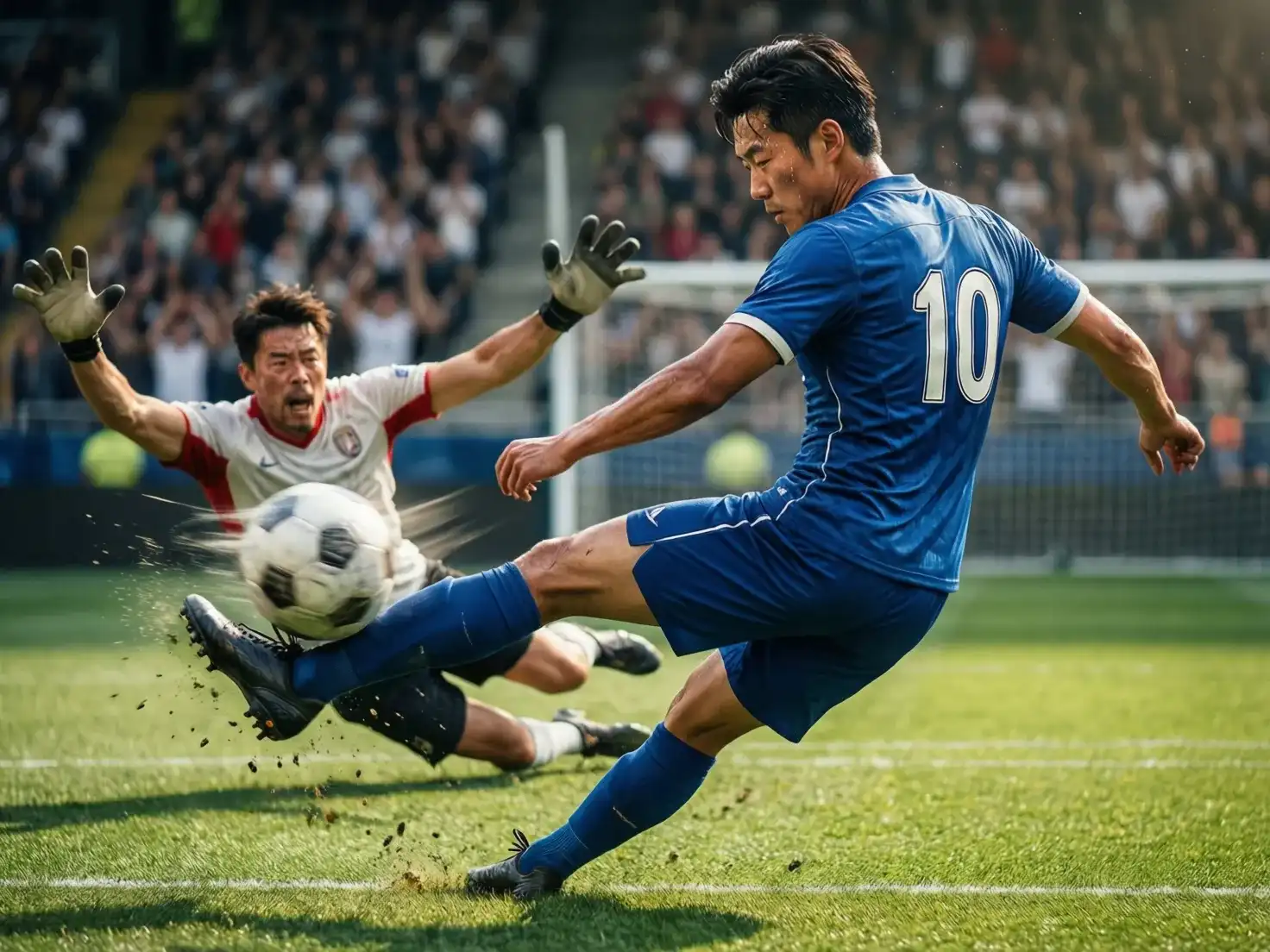 Delantero disparando a puerta en un partido de fútbol profesional