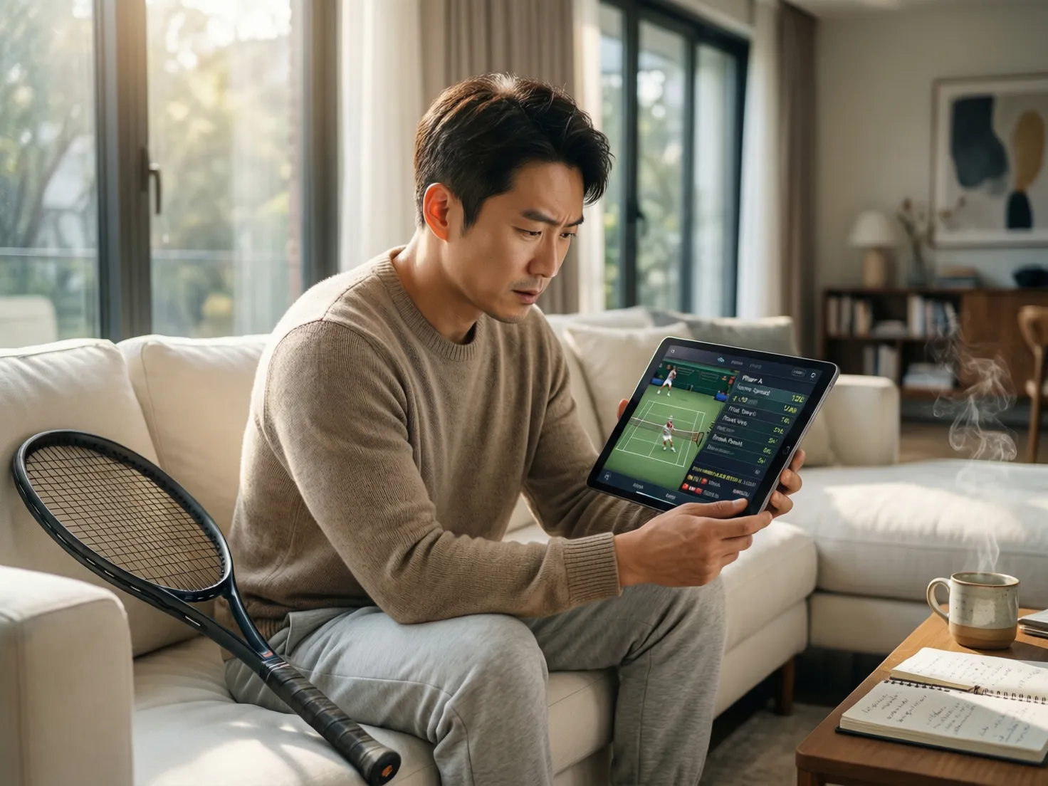 Persona consultando información de tenis en tablet con raqueta visible