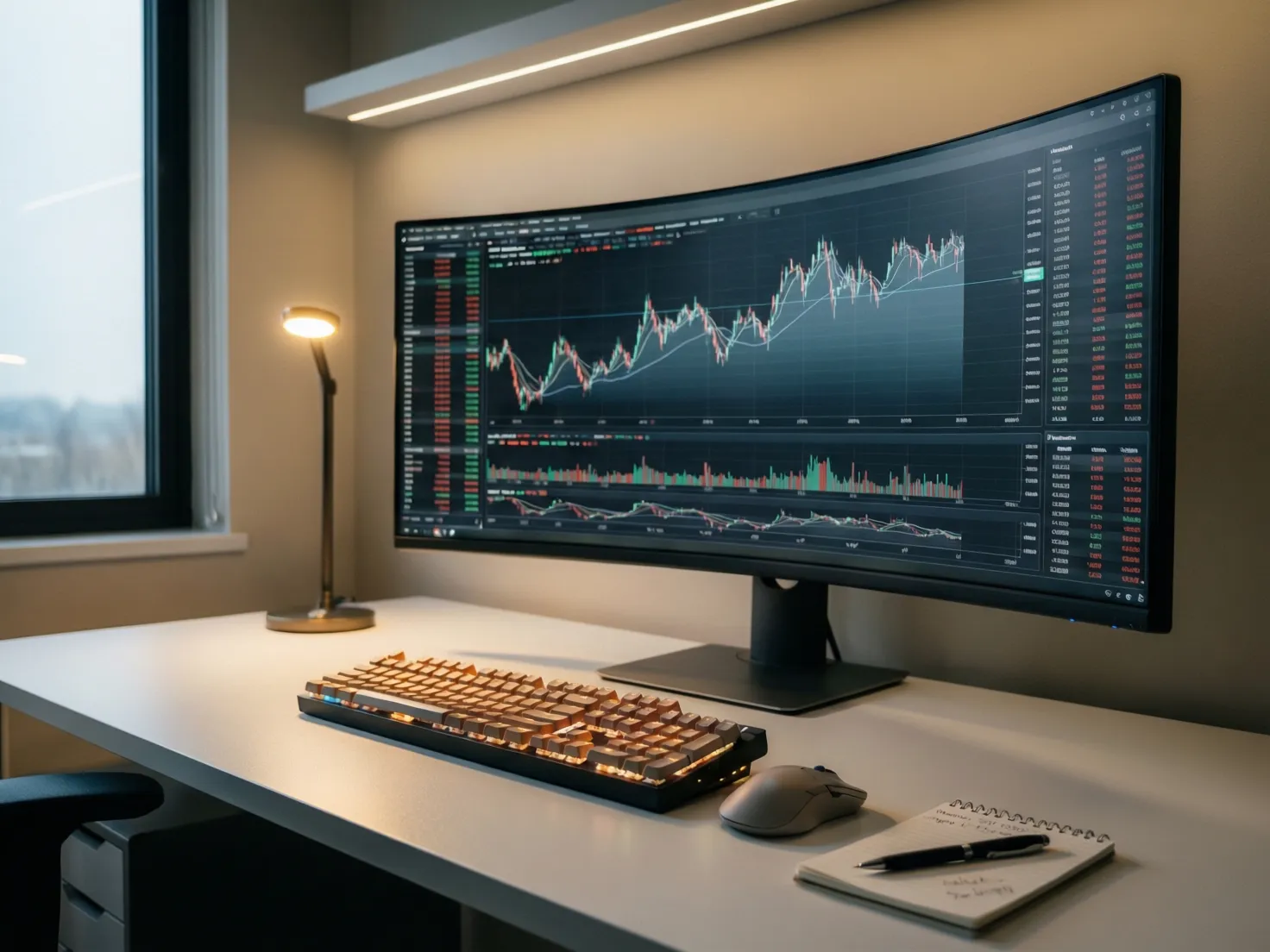 Espacio de trabajo con ordenador mostrando plataforma de trading