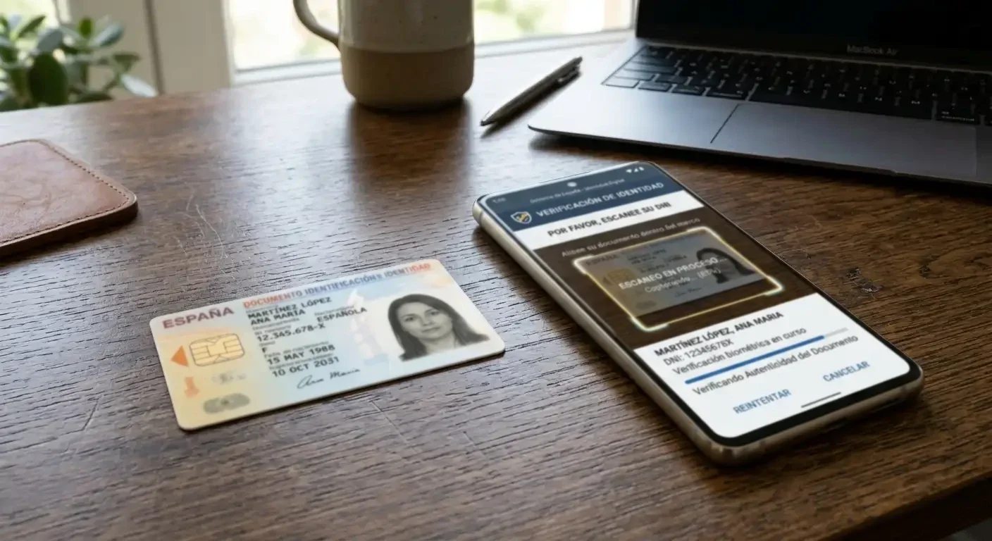 Documento de verificación de identidad sobre escritorio con interfaz digital