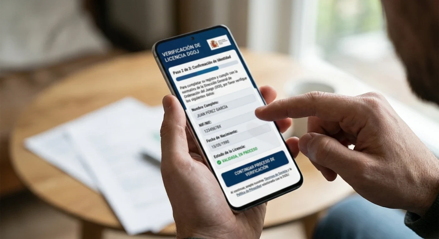 Proceso de verificación de licencia DGOJ en dispositivo móvil