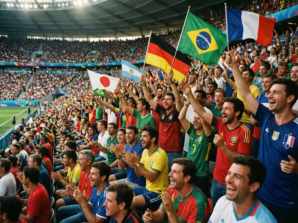 Aficionados de diferentes países celebrando en las gradas de un estadio mundialista